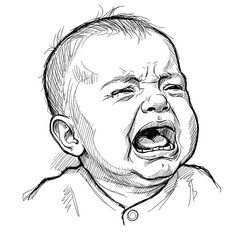 Crying baby expressing distress in a sketched illustration  