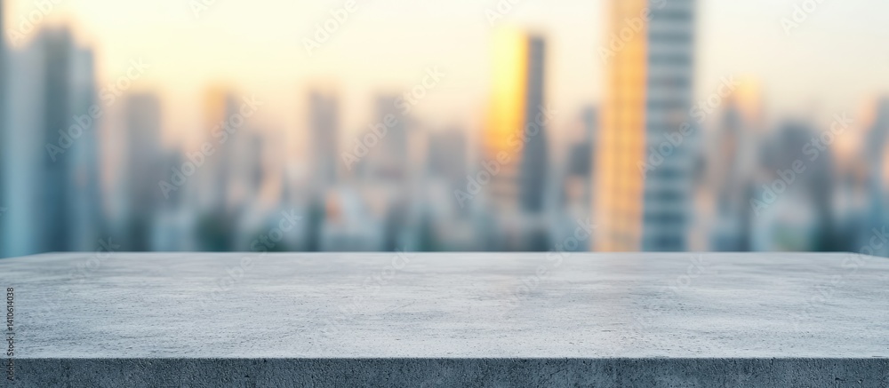Poster Empty concrete table displaying products with blurred cityscape background