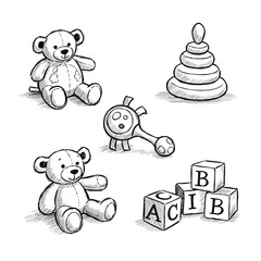 Baby toys illustrated in a playful, black and white style  