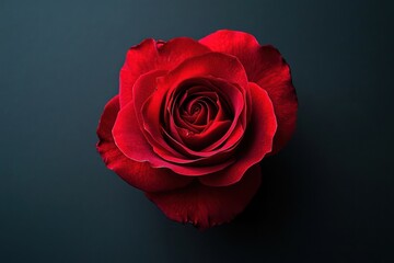A single red rose placed at the center of a black background, with soft lighting accentuating its vibrant petals and symbolic beauty.