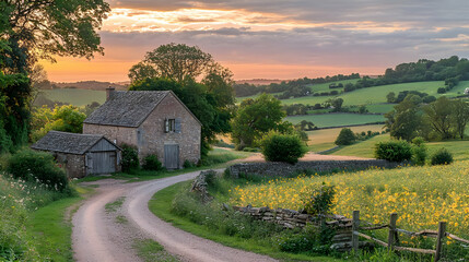 Obraz premium Scenic Country Road At Sunset With Stone Cottage And Sunflowers