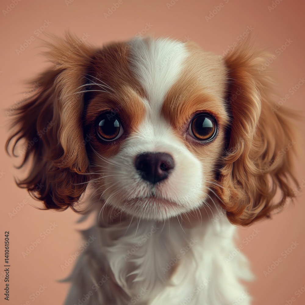 Poster cute dog with expressive eyes and fluffy ears posing against a warm background in a cozy indoor sett