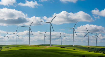 Fototapeta premium Wind turbines on a green field set against a vibrant blue sky with fluffy clouds.