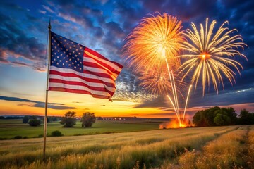 Flag blowing in wind with fireworks in distance

