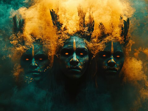Three Ethereal Guardians: Mystical Figures Adorned with Feathers Emerging from a Smoky Veil, Bathed in Golden and Teal Light, Displaying Intense Gaze.