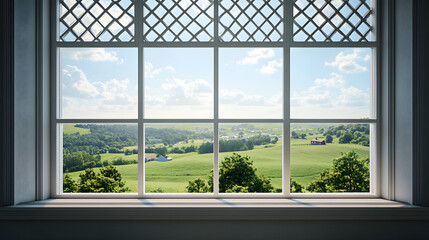 Lattice Window Overlooking Idyllic Countryside with Rolling Hills and Cottages