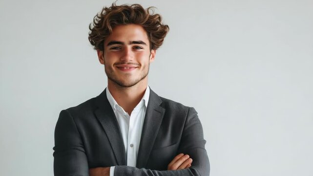 A young man in a suit poses confidently with arms crossed against a neutral backdrop, exuding professionalism and approachability.
