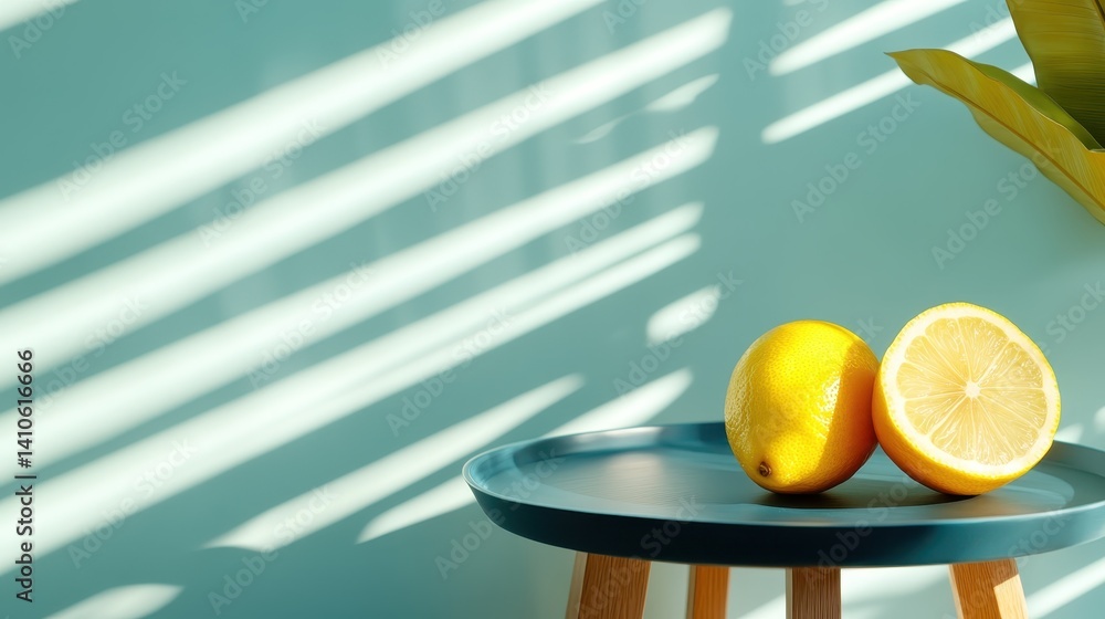 Poster a beautiful composition of lemons with sunlight creating dramatic shadows on a table, perfect for ca
