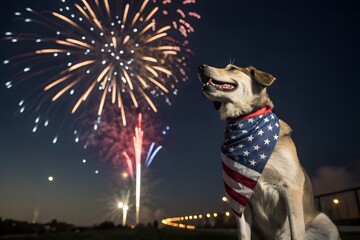 Dog in stars-and-stripes bandana with fireworks behind