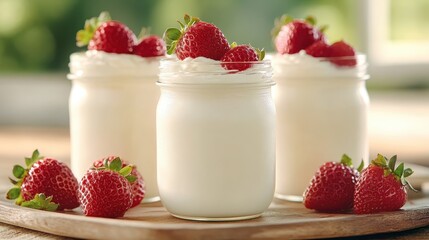 This image showcases jars of creamy yogurt topped with fresh strawberries, arranged beautifully on a wooden tray, perfect for a delightful and healthy dessert display.