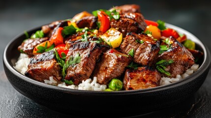 A delicious composition of juicy grilled beef, served on fluffy rice with a medley of colorful bell peppers, creating a visually appealing dish that invites hearty enjoyment.