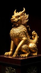 golden dragon statue sitting on top of a wooden table