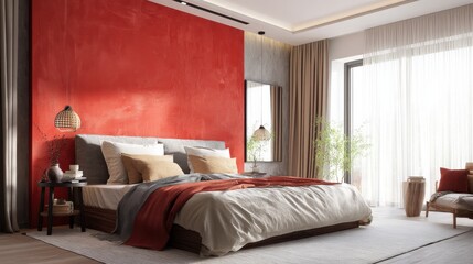 A serene bedroom with a vibrant red accent wall, featuring a cozy bed dressed in neutral linens and complemented by natural light streaming in from large windows.