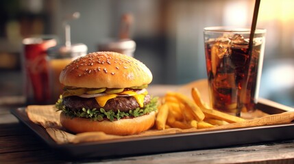 Hearty burger with fries and a soda, a classic meal on a rustic wooden table.