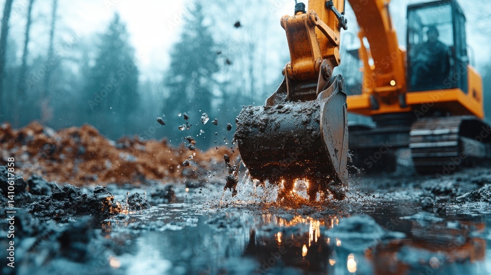 Poster an excavator's bucket plunges into a puddle, creating an explosion of muddy water droplets, capturin