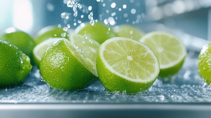 A beautiful display of fresh limes with vibrant green color, enhanced by water droplets, showcasing the essence of freshness and vitality in a delightful manner.