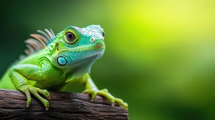 Fototapeta premium This stunning image showcases a vibrant green lizard perched on a log, highlighting its intricate details and textures against a beautifully blurred natural background.