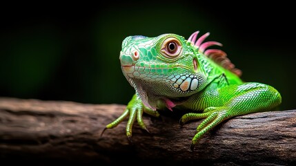 Naklejka premium A striking close-up of a vibrant green lizard perched on a branch, showcasing its intricate patterns and vivid colors, exemplifying nature's beauty and diversity.