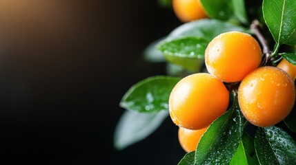 This vibrant image showcases glossy golden fruits nestled among fresh green leaves, emphasizing a natural and refreshing beauty that captivates the viewer’s attention.
