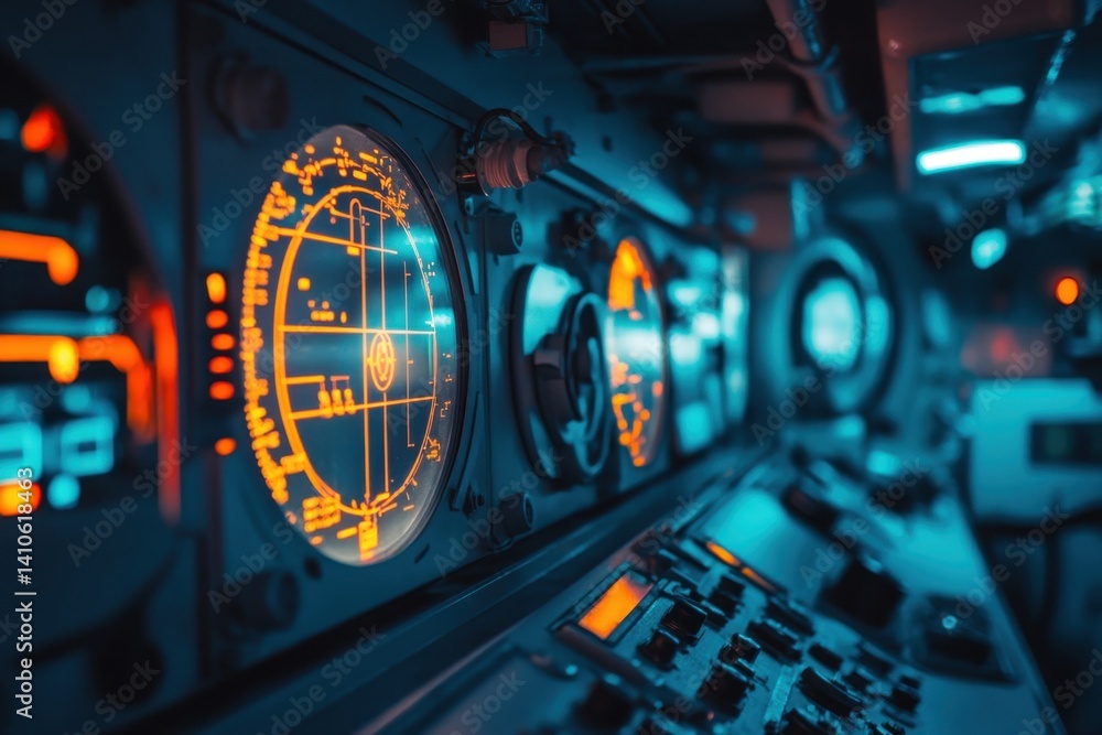 Poster close-up view of control panel with glowing gauges in a futuristic environment