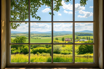 Lattice Window Overlooking Idyllic Countryside with Rolling Hills and Cottages