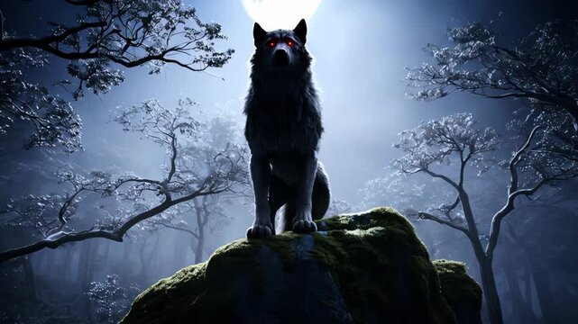 Forest werewolf stands watch near gnarled trees under eerie glow; forest werewolf stirs primal hush, forest werewolf claims ancient gloom. Concept cryptic domain