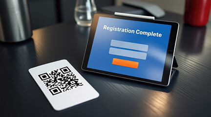 A tablet displays "Registration Complete" next to a QR code, suggesting a digital verification or sign-up process in a modern workspace.