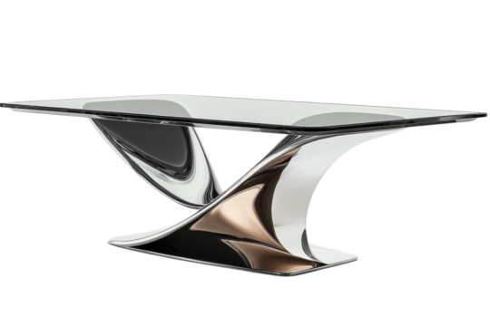 Sleek glass top modern coffee table with a sculpted chrome and rose gold base Elegant stylish design