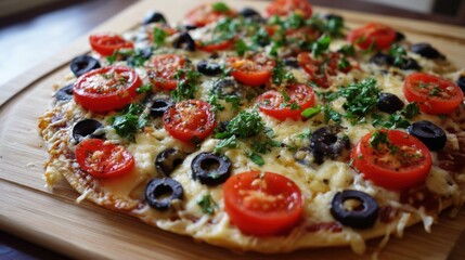 Delicious pizza topped with fresh tomatoes, olives, cheese and herbs served on wood.