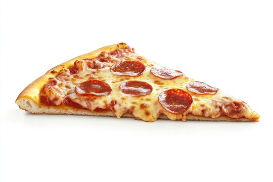 A 2D cartoon illustration of a slice of pizza with pepperoni and cheese isolated on a white background highlighting the cheesy flavorful details in a fun playful style