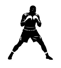 Powerful Boxer Silhouette Vector Illustration of a Male Athlete in Fighting Stance with Boxing Gloves.