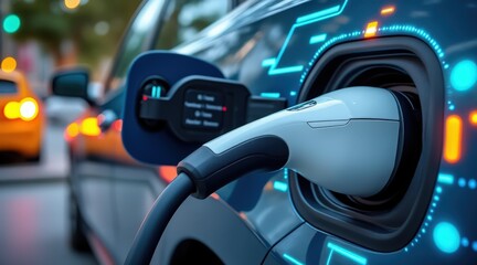A close-up view of an electric vehicle charging with a digital display, showcasing modern technology and eco-friendly transportation.