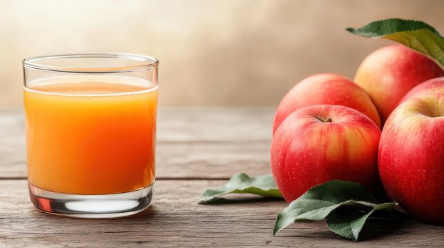 A delightful glass of apple juice placed on a rustic wooden table beside freshly harvested red apples, capturing the essence of natural and homemade flavors.