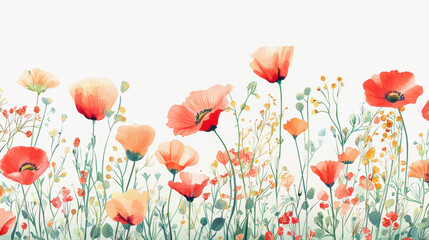 A delicate watercolor painting showcases a vibrant row of blooming orange and peach poppies interspersed with slender green stems and tiny yellow wildflowers against a bright white