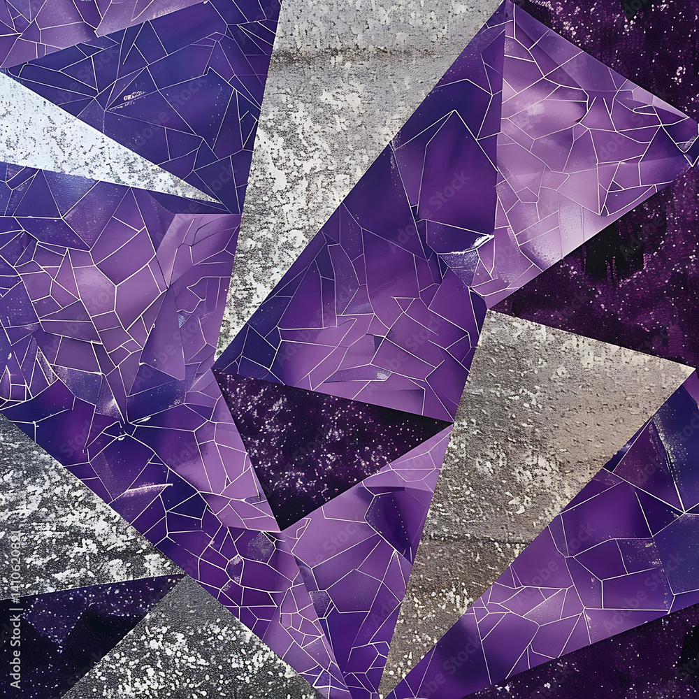 Poster abstract geometric background pattern featuring fractured purple and textured silver/grey shapes. mo