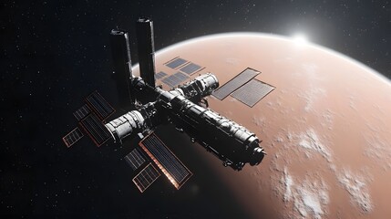 Obraz premium Space Station Orbiting Mars: A detailed depiction of a state-of-the-art space station gracefully orbiting the planet Mars, a symbol of humanity's pioneering spirit in the vast cosmos.