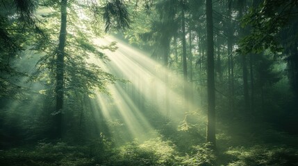 Radiant Sunlight Filters Through a Dense Lush Green Forest