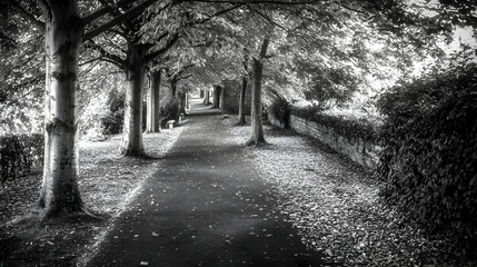 Black And White Pathway Under Trees Covered In Fall Leaves