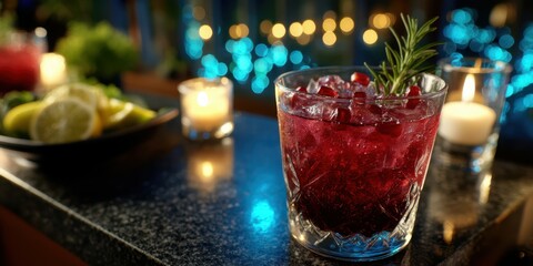 Refreshing pomegranate cocktail garnished with rosemary on a granite countertop during an evening gathering