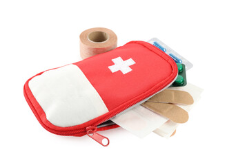 First aid kit. Different medical supplies isolated on white