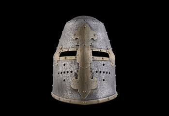 Medieval knight helmet isolated on black background with clipping path