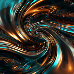 Abstract swirling background texture resembling liquid metal in shades of teal, cyan, and gold/bronze. Dynamic, fluid motion creates a luxurious effect. (Abstract image)
