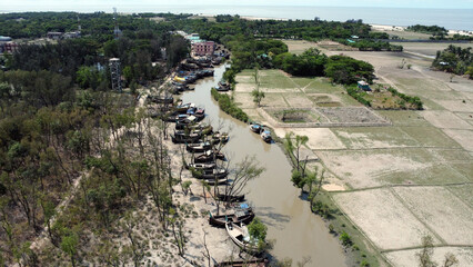 Drone view of hatiya chairman ghat, nijhum dwip, Bangladesh.