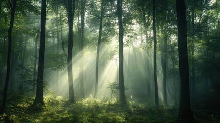 Sunlight streams through tall trees in a dense green forest