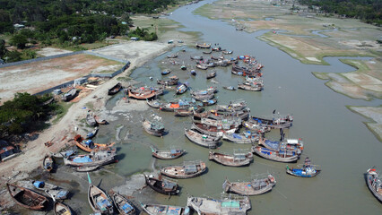 Drone view of hatiya chairman ghat, nijhum dwip, Bangladesh.