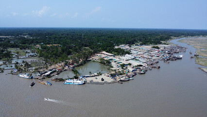 Drone view of hatiya chairman ghat, nijhum dwip, Bangladesh.