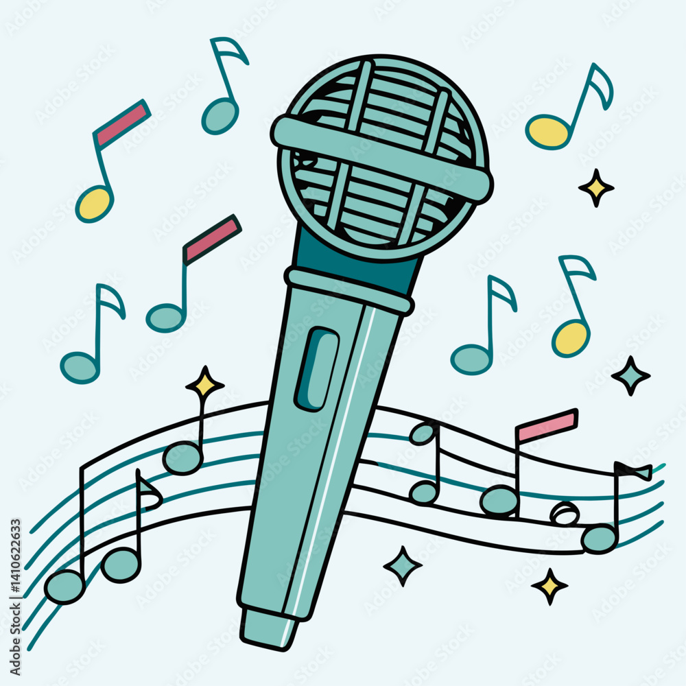 Poster microphone with music notes and stars in a playful style