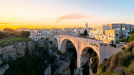 Fototapeta premium Sunset View Of Ancient Stone Bridge Over Valley In Italian City