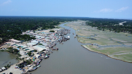 Drone view of hatiya chairman ghat, nijhum dwip, Bangladesh.