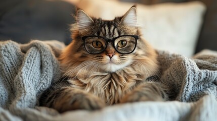 Fluffy cat with stylish cat-eye glasses relaxing in a cozy indoor setting on a soft blanket